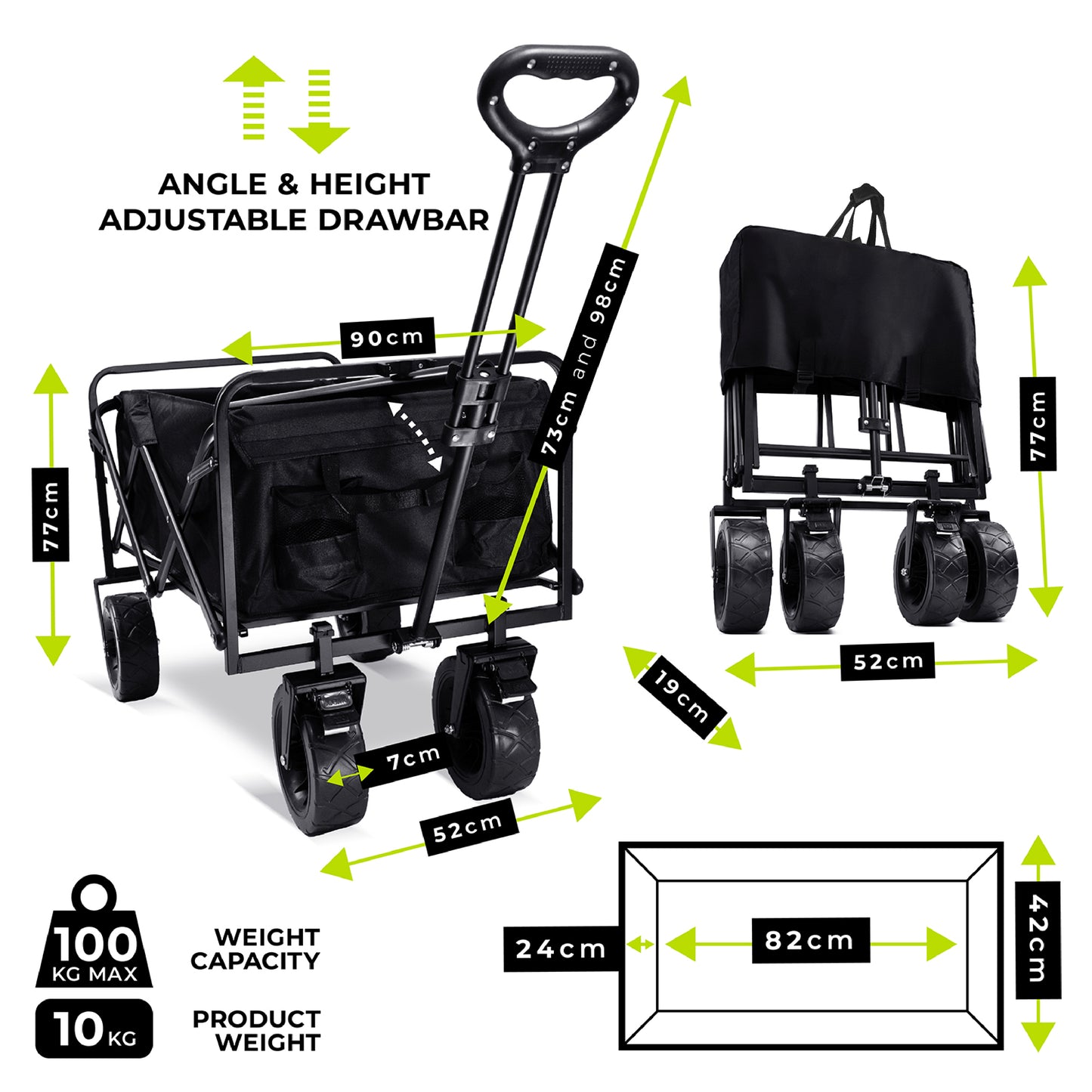 Collapsible Wagon, Removable Fabric, Big Wheels Max Capacity 100kg